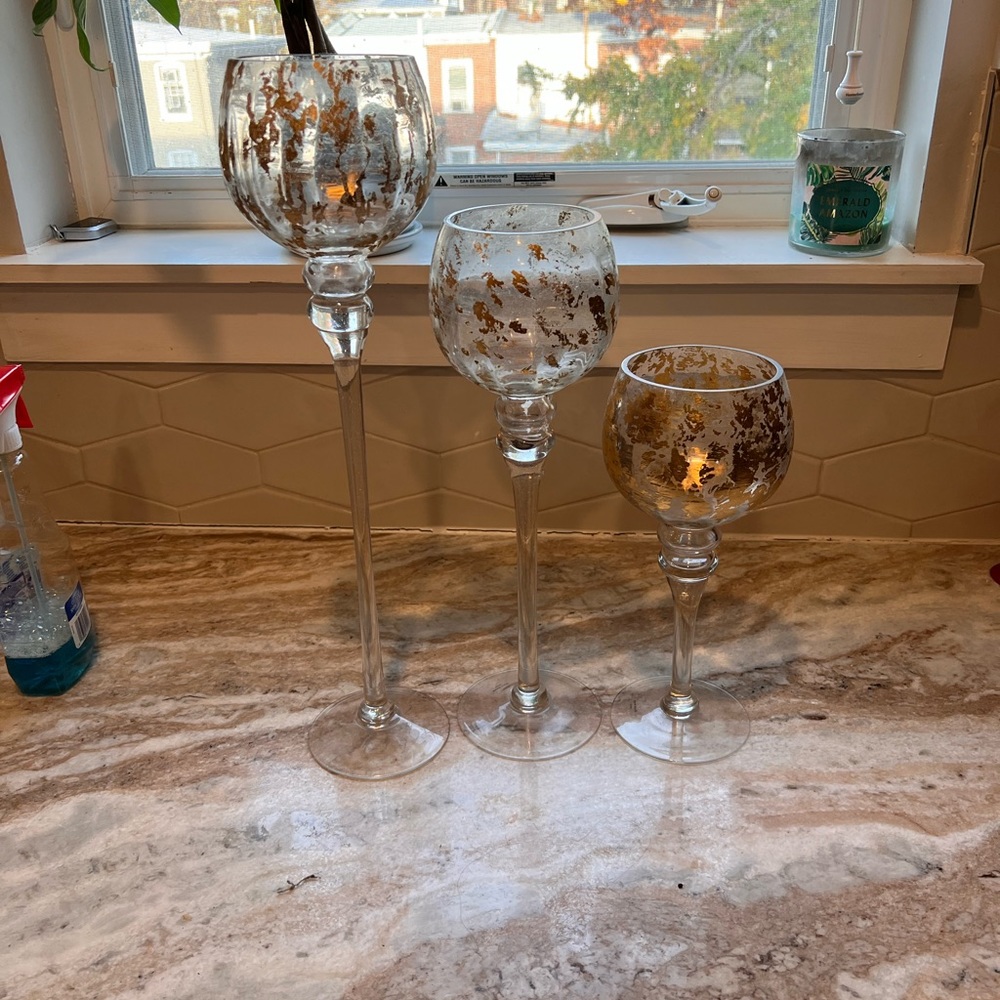 Glass candle holder- 3 piece gold plated